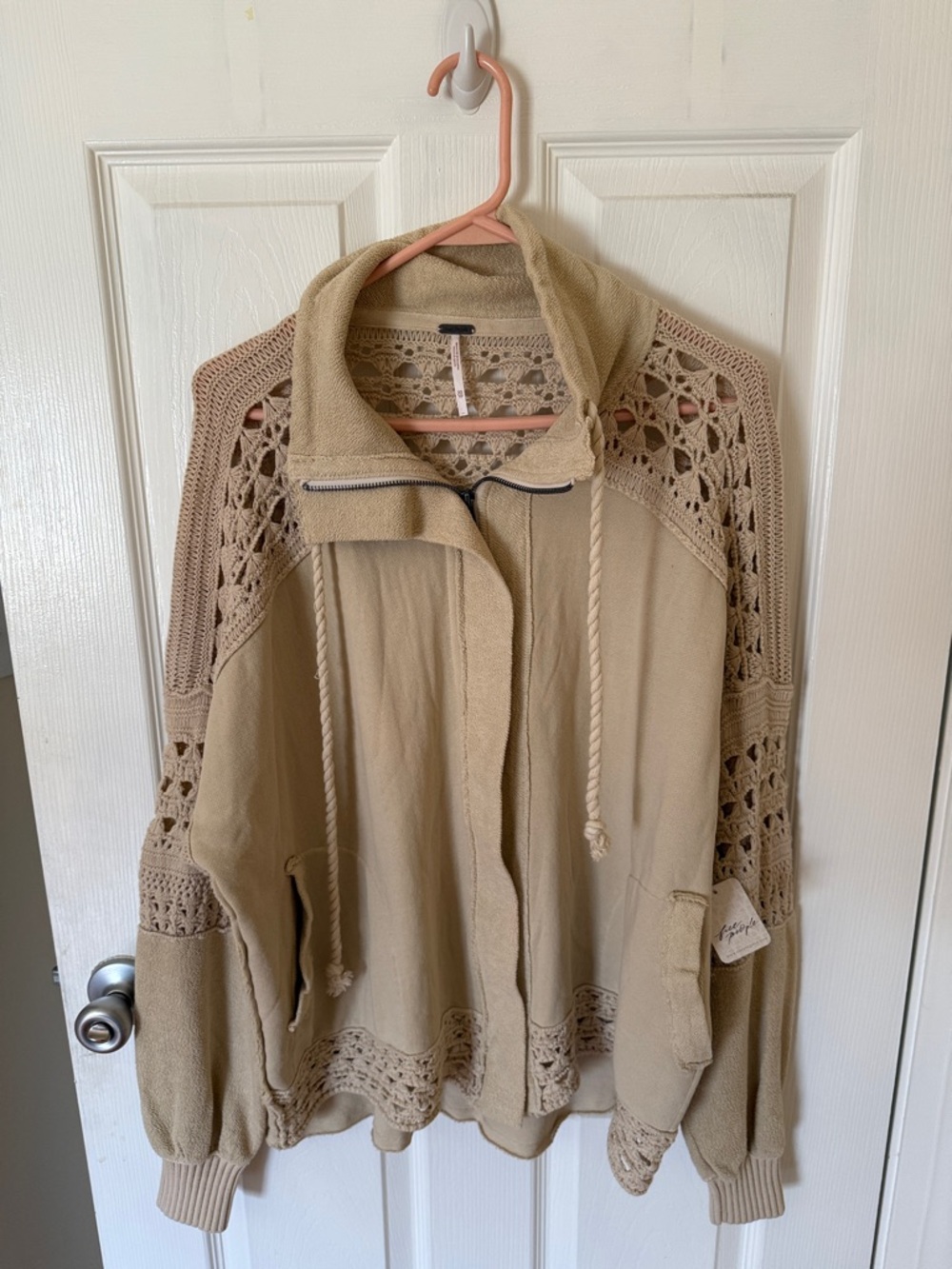 Free People Cream Crochet-Trim Hoodie